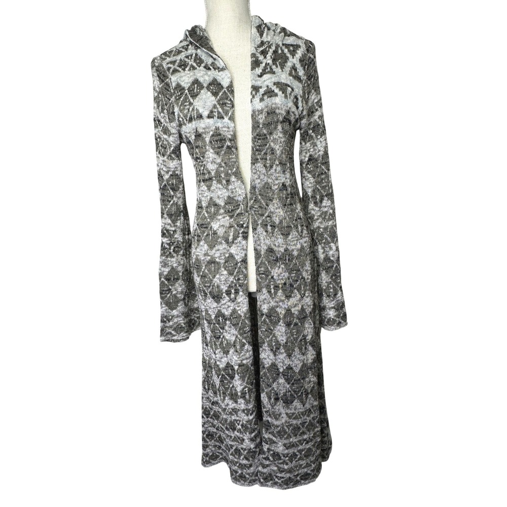 Free People Hooded Duster/Cardigan‎ Diamond Pattern Medium Gray/White